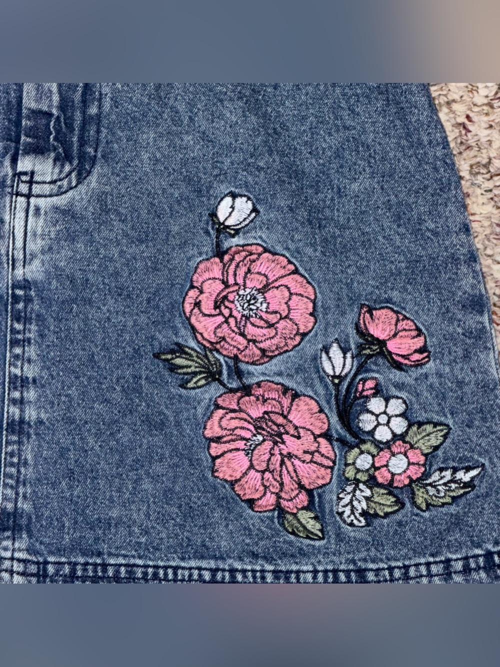 Women's size small skirt Denim Mini Skirt with Pink Floral Embroidery - Picture 3 of 5